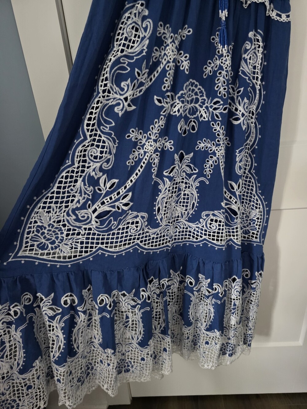 Farm Rio Boho Lace-Trim Maxi Dress Womans M Blue & White Eyelet - Picture 7 of 16